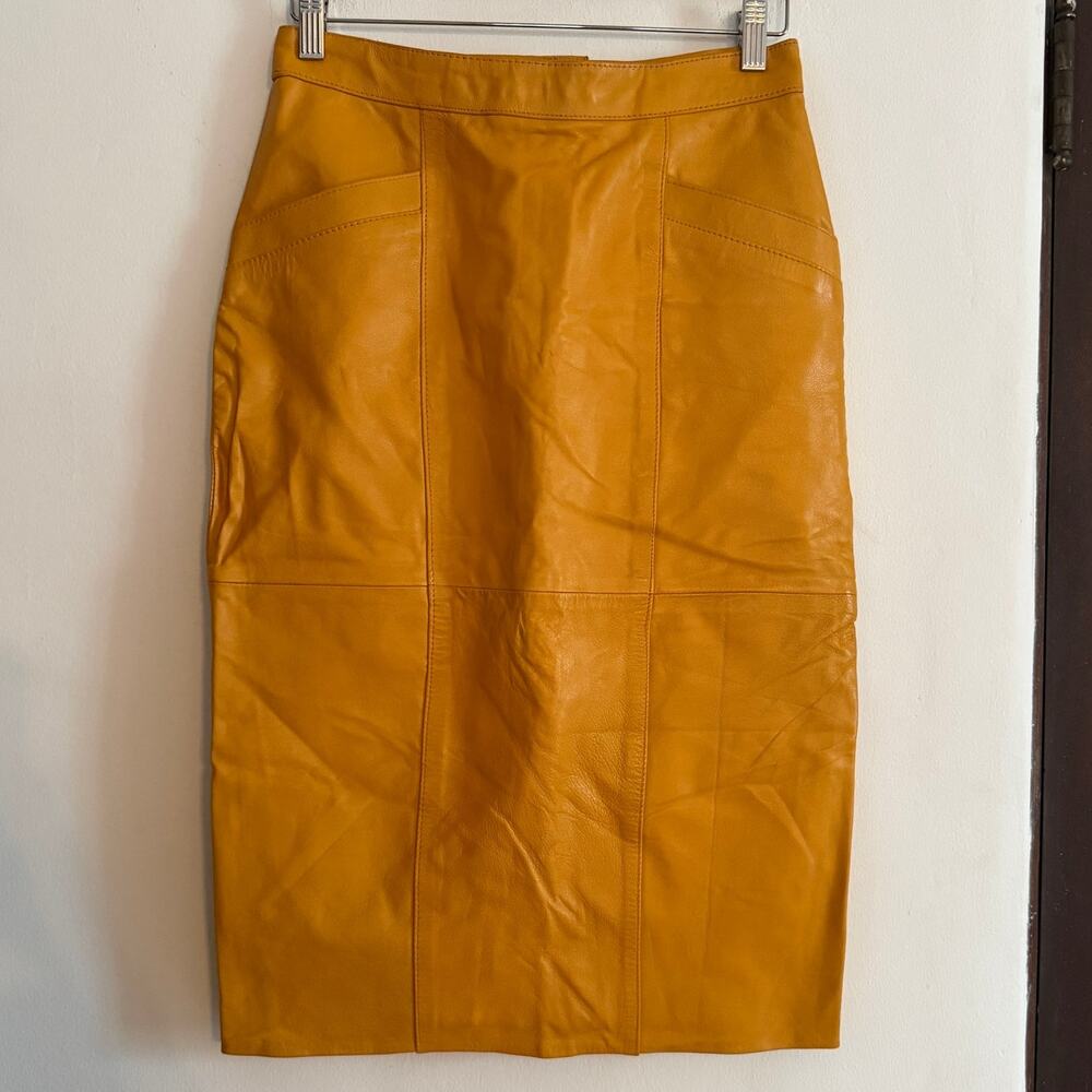 90s Vintage Mustard Yellow Leather Pencil Skirt | Size 10